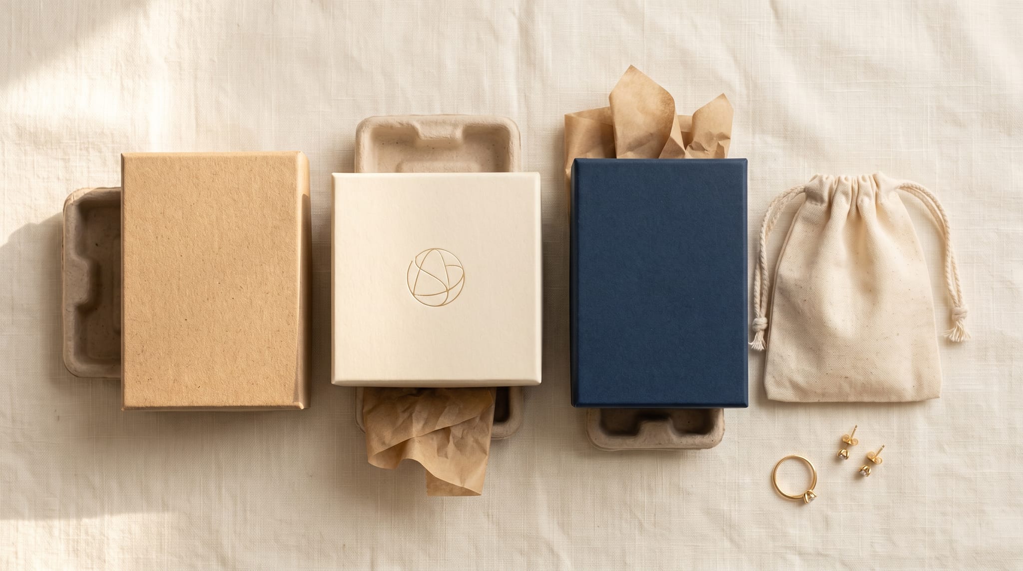 Selection of eco-friendly jewelry packaging in recycled kraft, cream, and cognac tones — rigid boxes, pouches, and labels on white marble surface