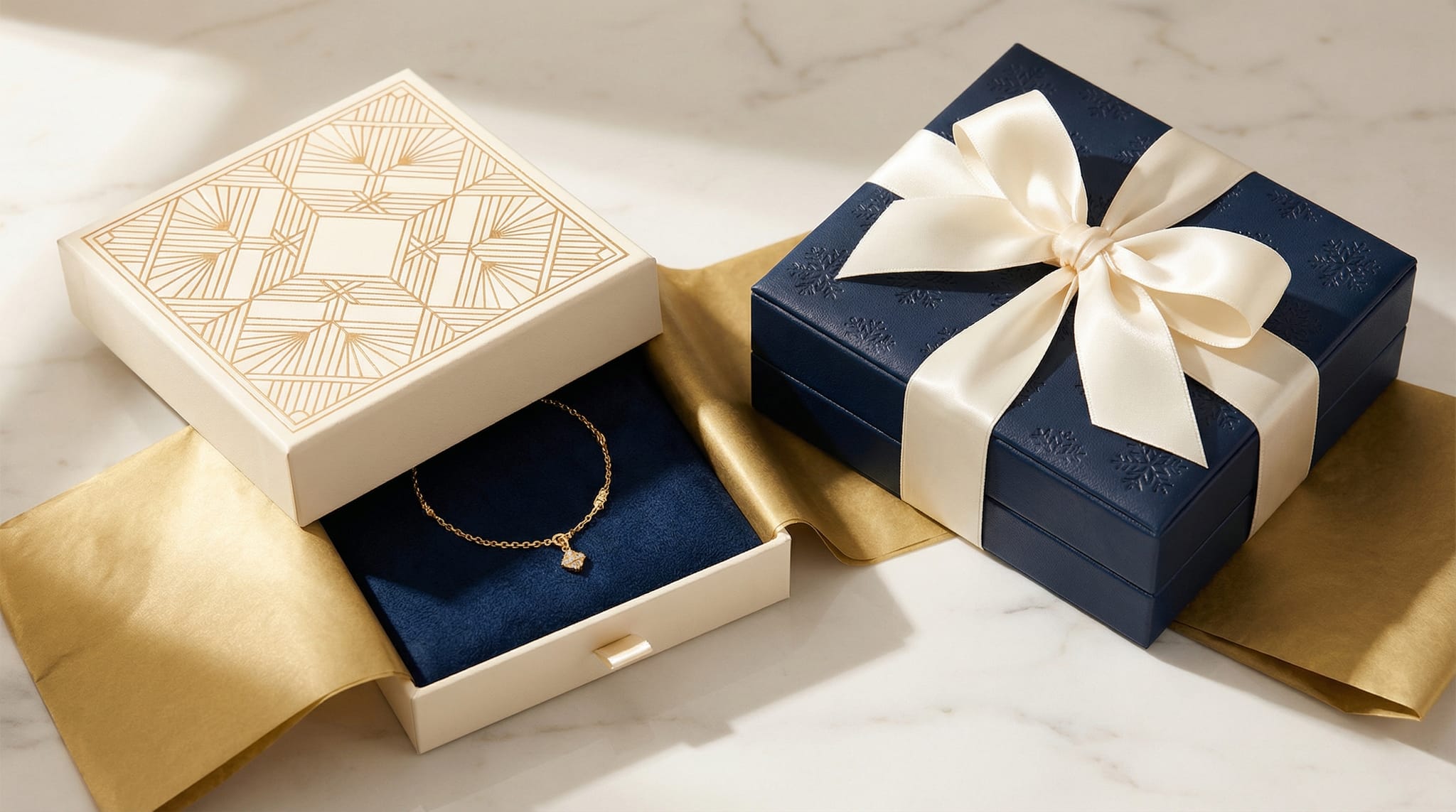 Seasonal gift packaging variations for jewelry brands showing holiday sleeve, ribbon, and insert card options in gold and cream tones