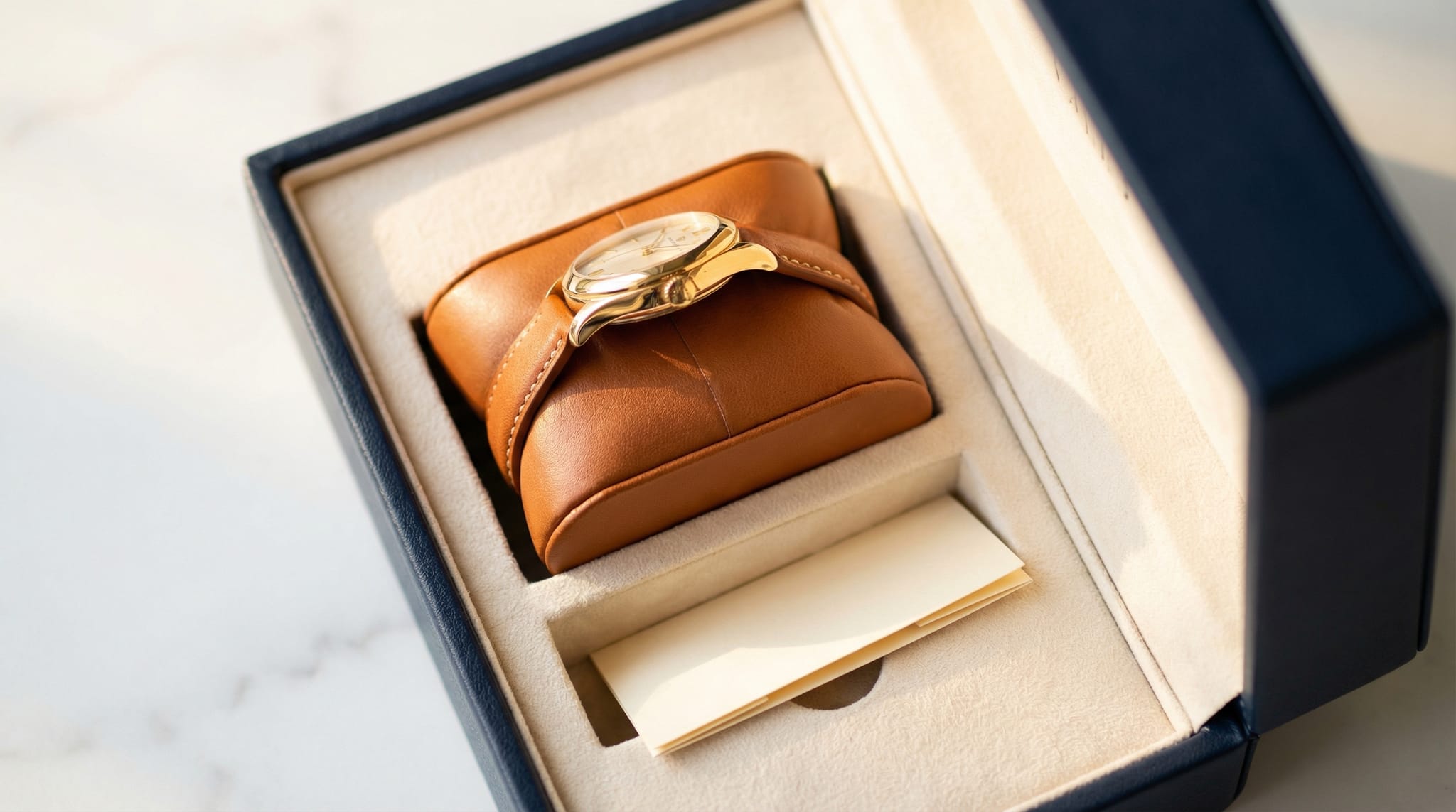 Close-up of watch box interiors showing velvet pillow insert, contoured foam cradle, and hidden certificate compartment beneath lift-out tray