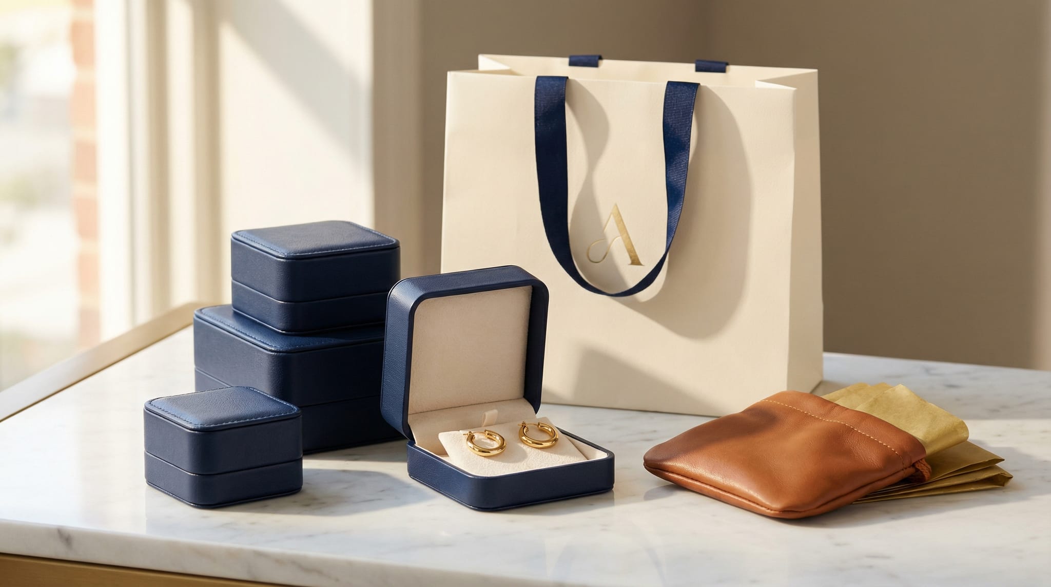 Retail jewelry display with stacked custom boxes on a glass counter and coordinated branded shopping bag