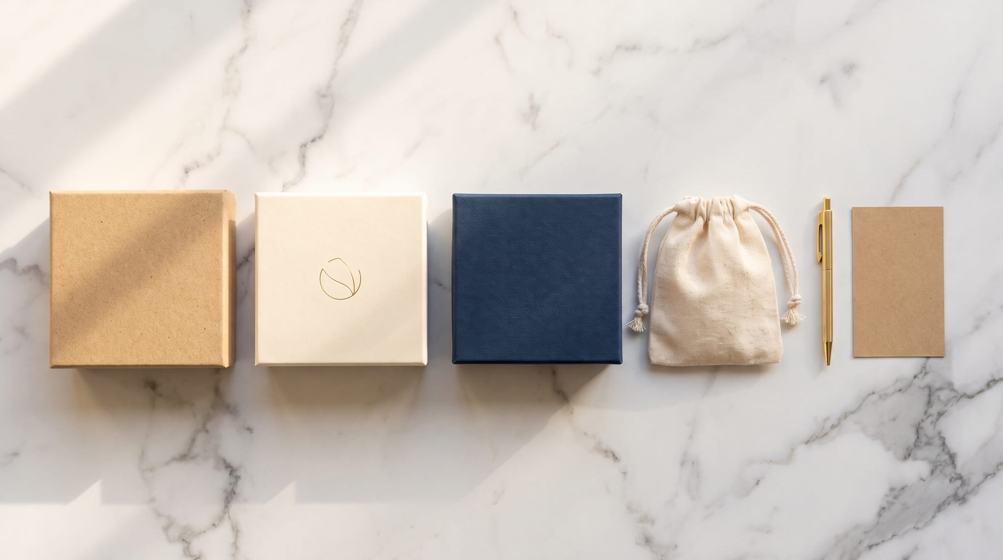 Side-by-side comparison of eco-friendly jewelry packaging options — from recycled kraft stock boxes to bespoke luxury sustainable rigid boxes