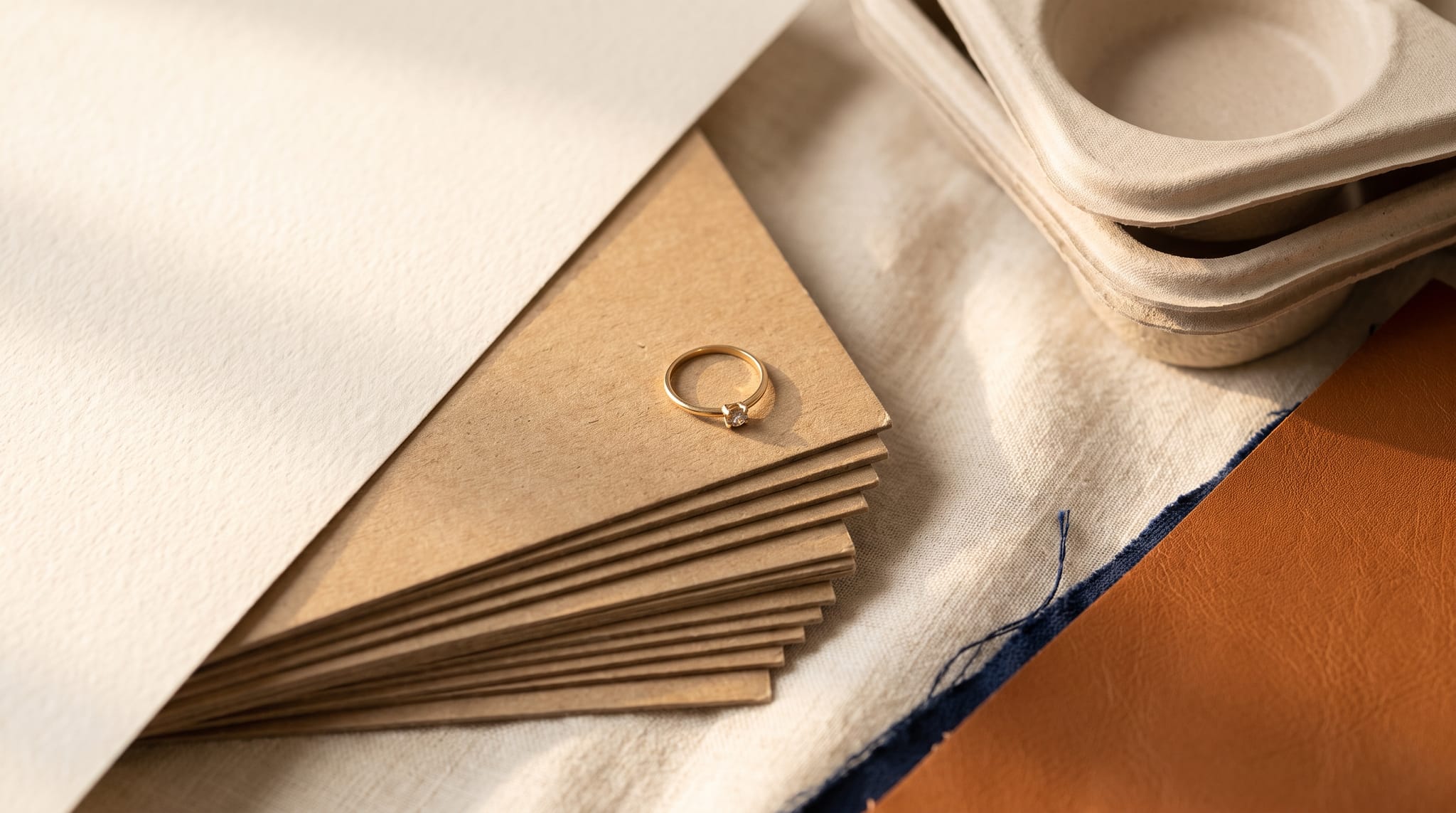 Recycled and sustainable jewelry packaging materials — kraft board, plant-based leather swatches, and molded pulp inserts illustrating eco construction options