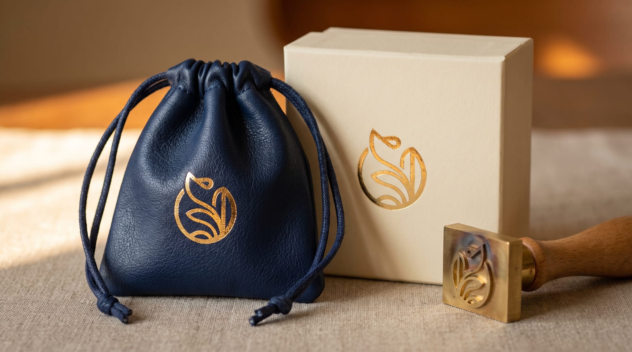 Close-up of gold foil stamping detail on a navy leather jewelry box lid — the logo catches warm ambient light against the textured surface