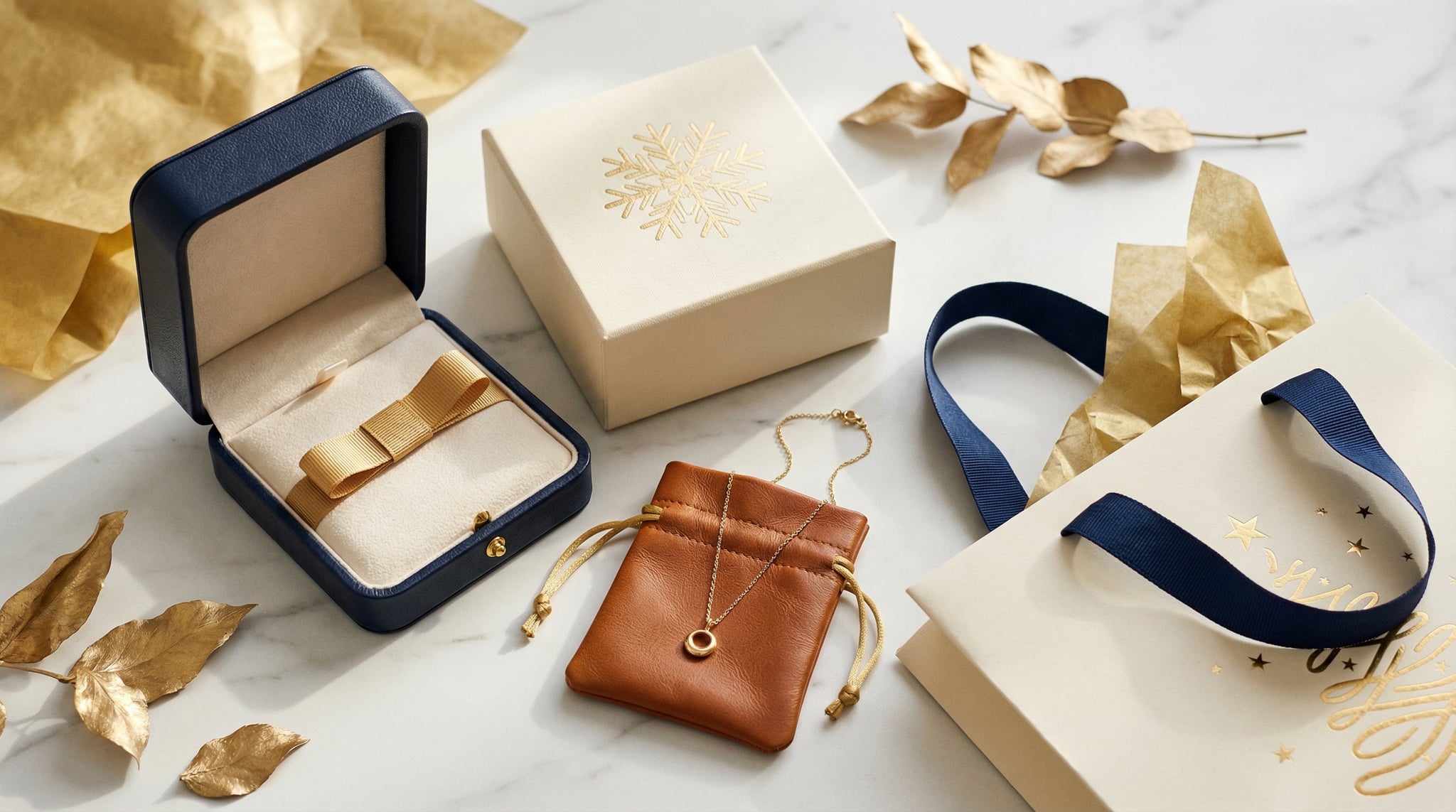 Holiday-themed custom jewelry boxes in navy and gold with festive cream ribbon on white marble surface, showing seasonal gift packaging options