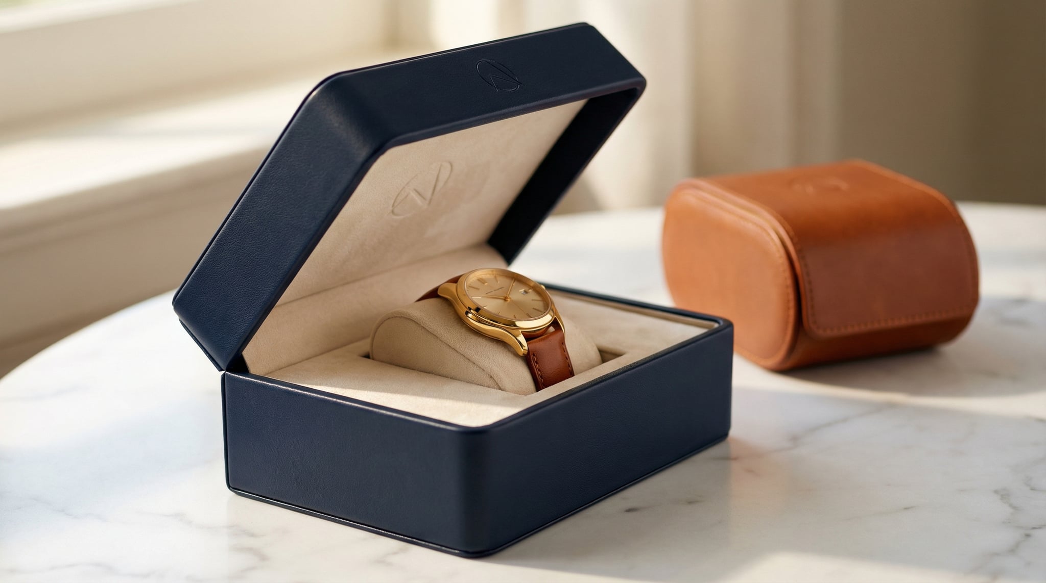 Navy leather custom watch box open on white marble showing cream velvet pillow insert cradling a gold-tone watch with embossed logo on lid