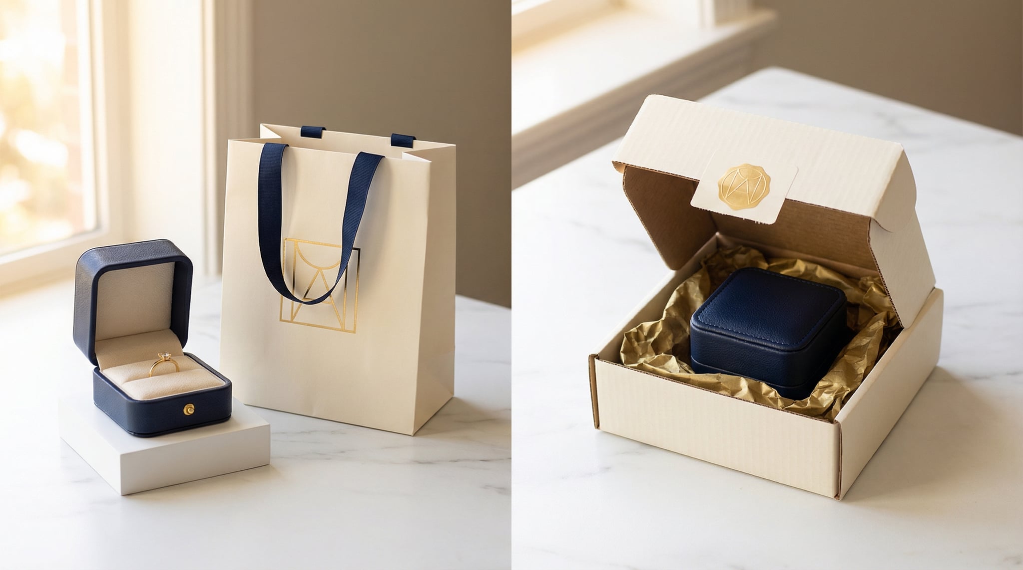 Custom jewelry boxes arranged in retail display setting alongside e-commerce shipping packaging with tissue and branded mailer on cream linen