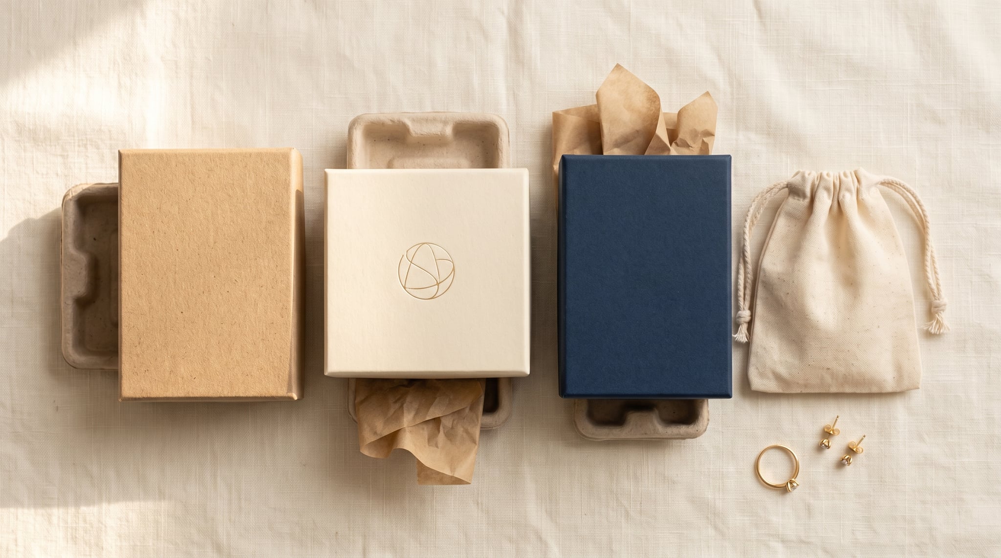 Selection of eco-friendly jewelry packaging in recycled kraft, cream, and cognac tones — rigid boxes, pouches, and labels on white marble surface