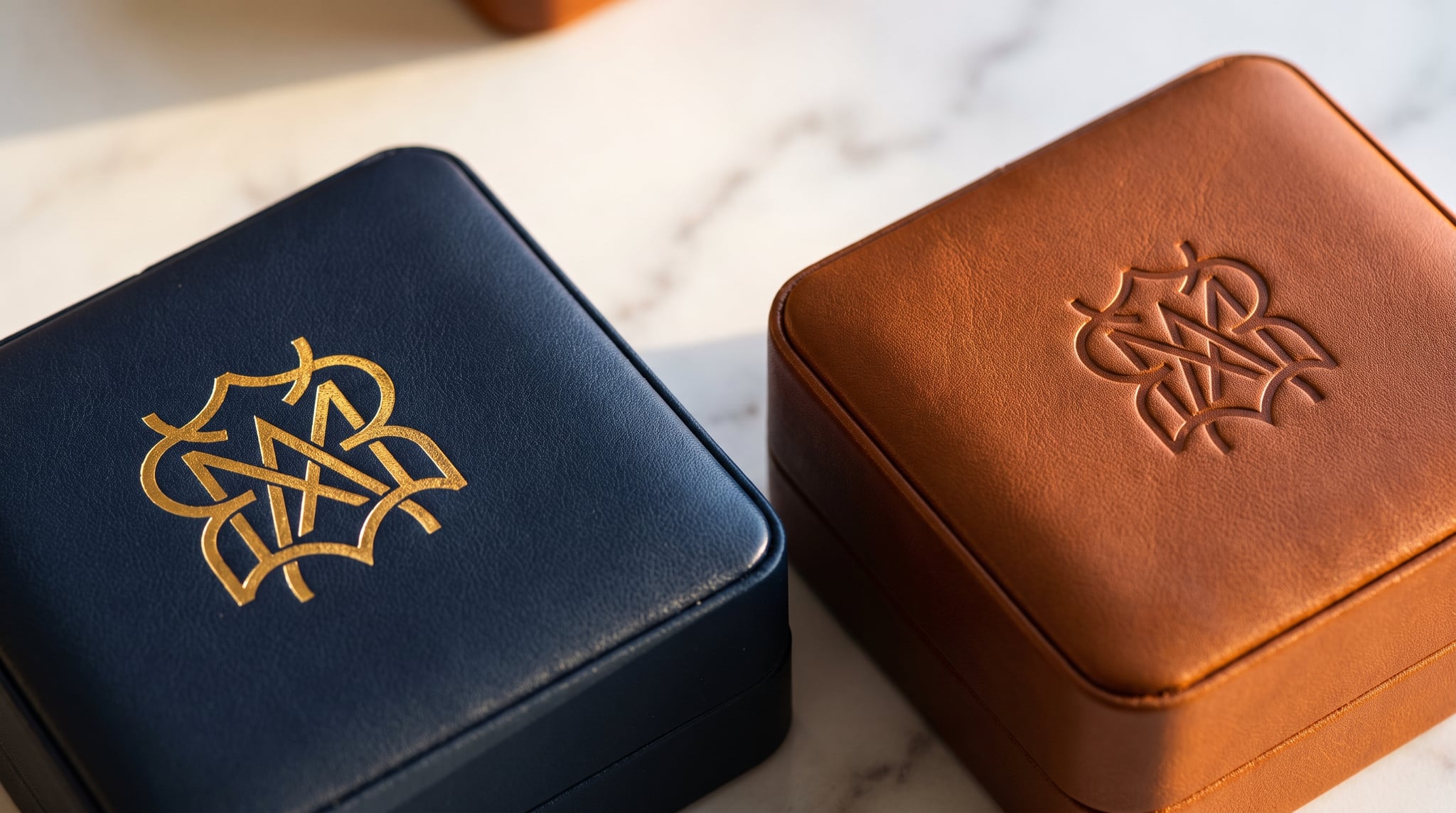 Close-up of gold foil stamped and blind-embossed logos on navy leather and cream fabric jewelry boxes arranged on white marble — warm gold and off-white tones