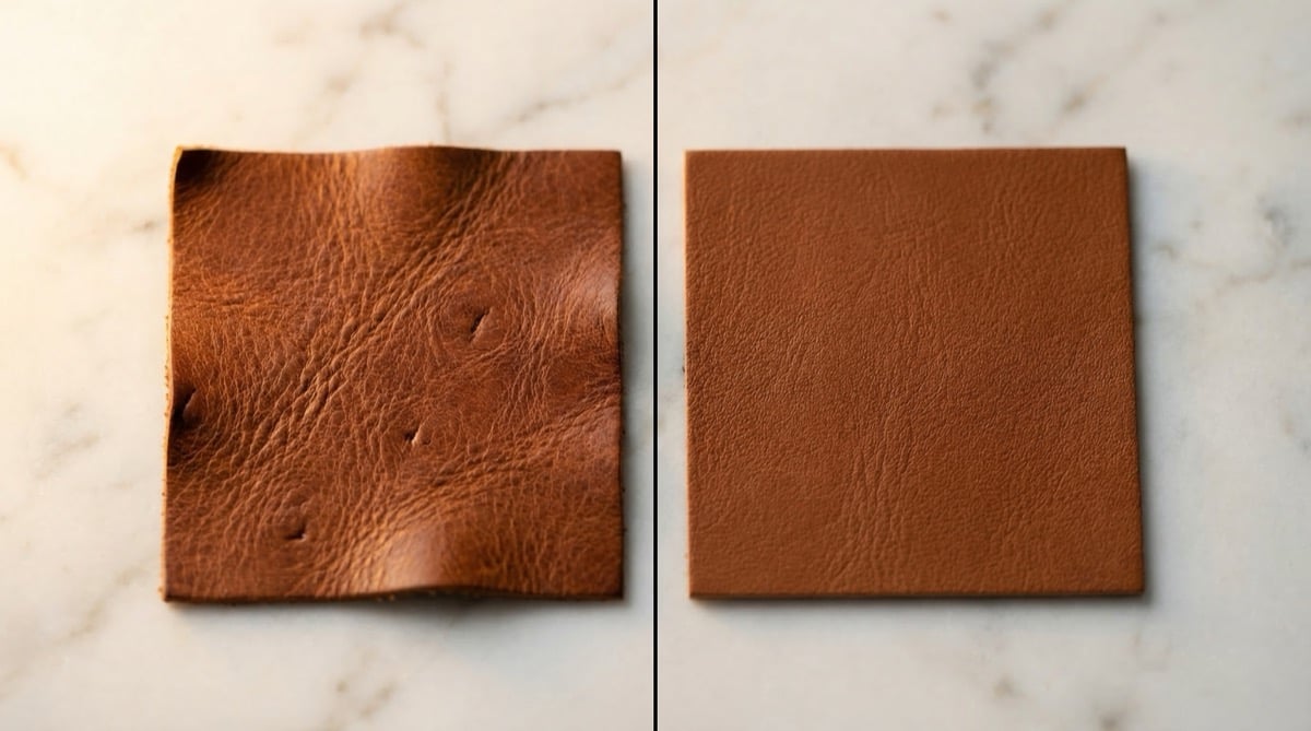 Side-by-side comparison of genuine leather and leatherette jewelry box surfaces showing texture and grain differences