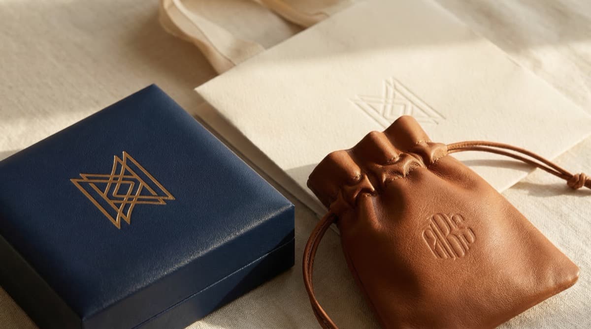 Close-up of gold foil stamped logo on a navy leather jewelry box with embossed and debossed samples nearby