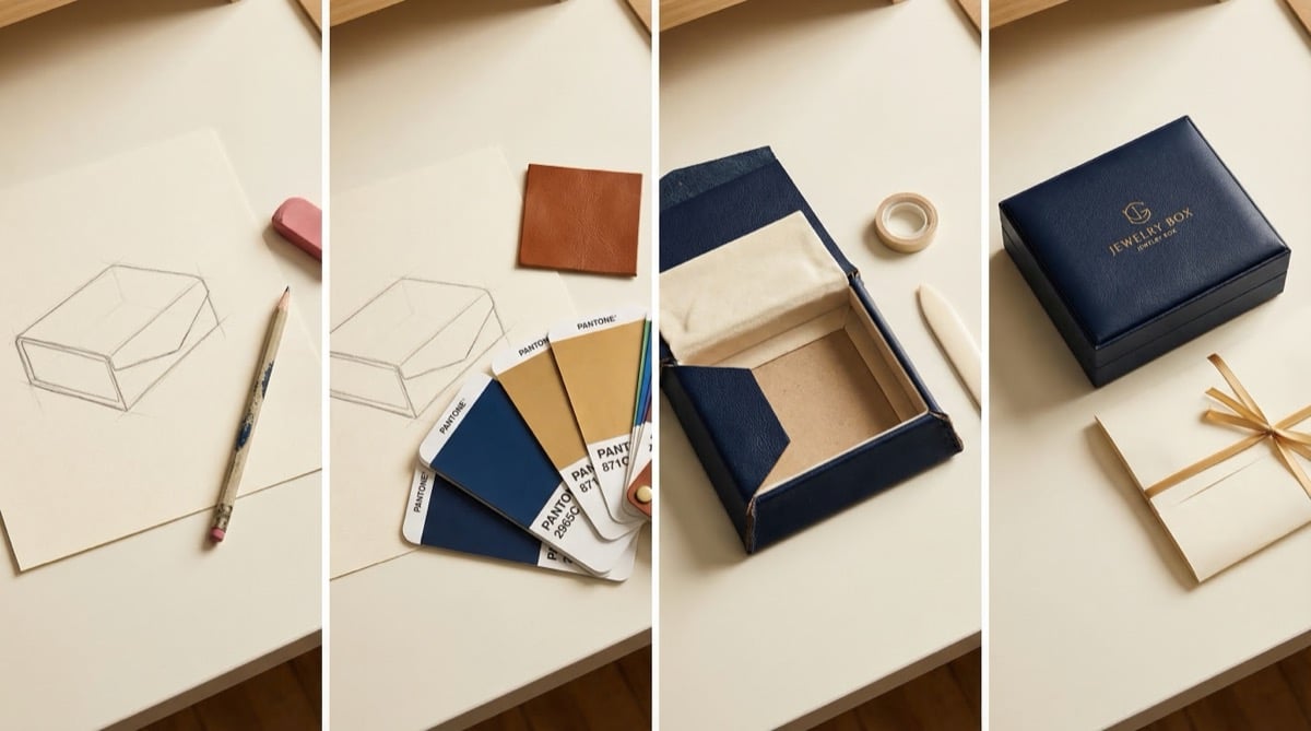 Custom jewelry box production samples at different stages from prototype to finished product on a white workspace
