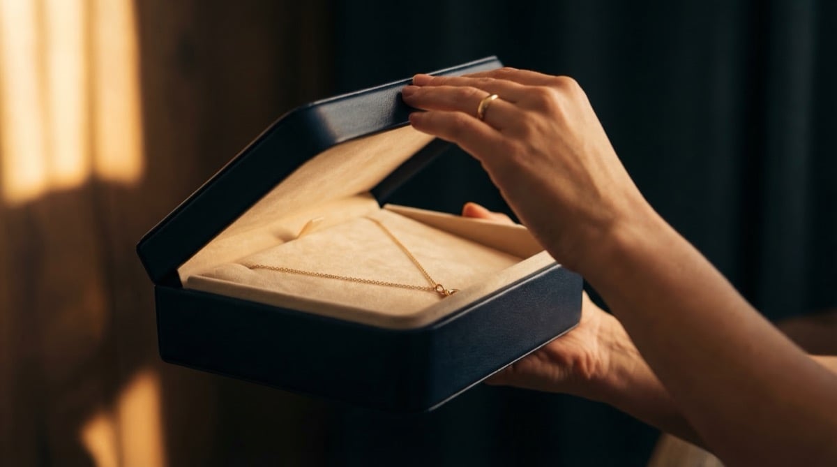 Hands opening a luxury jewelry box revealing a necklace nestled in cream velvet interior with branded tissue paper