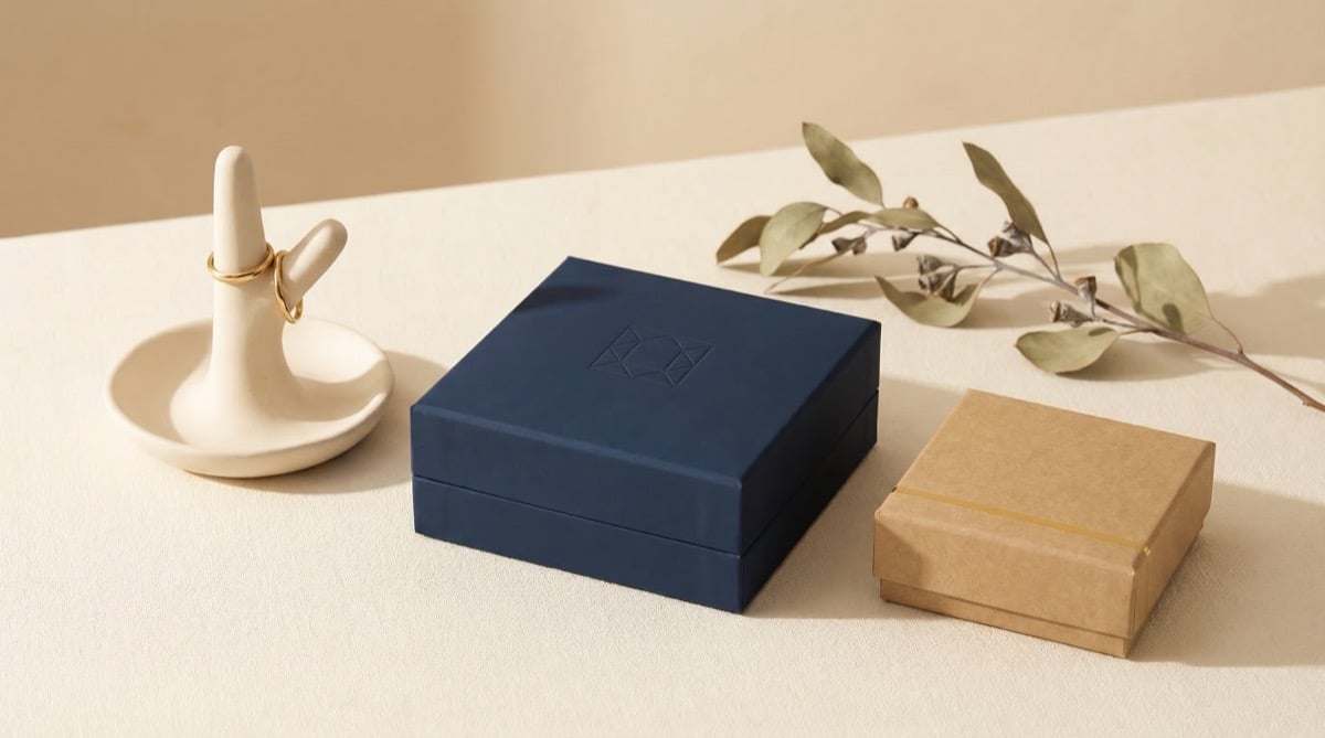 Minimalist jewelry packaging designs showcasing 2026 trends — mono-material construction, muted earth tones, and clean typography