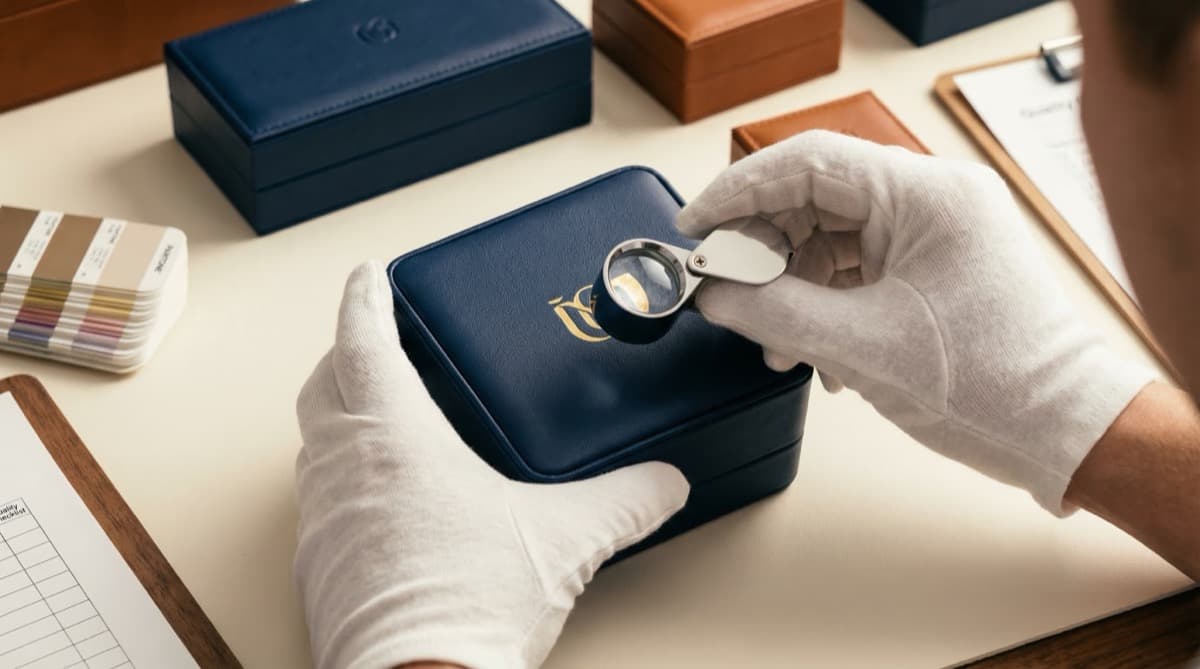 Professional packaging sample kit with material swatches, color cards, and finished jewelry box samples on a desk