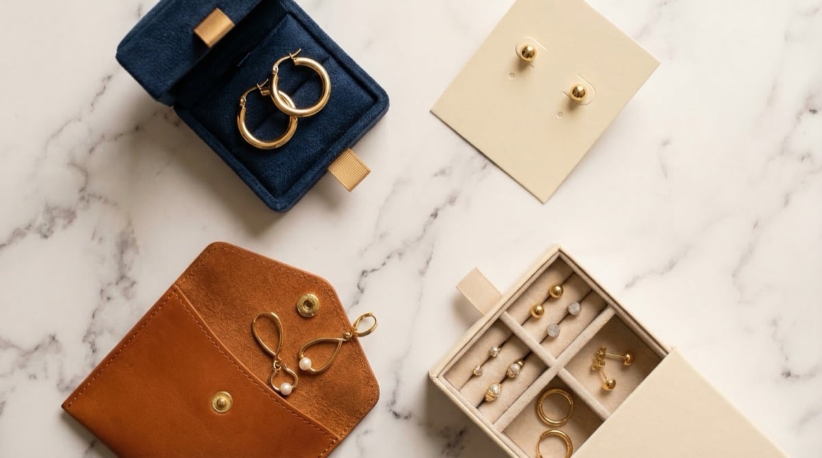 Various earring packaging options including small rigid boxes, display cards, and velvet pouches arranged on white marble