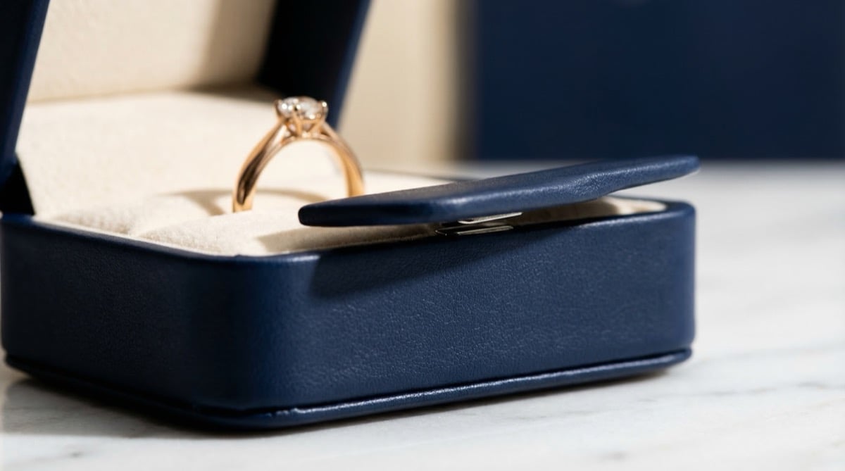 Navy magnetic closure jewelry box partially open showing the magnetic mechanism and cream suede interior lining