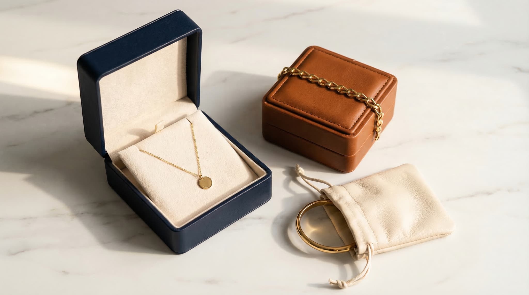 Custom necklace and bracelet packaging in navy leather and cognac velvet, displayed open on white marble with gold chain jewelry