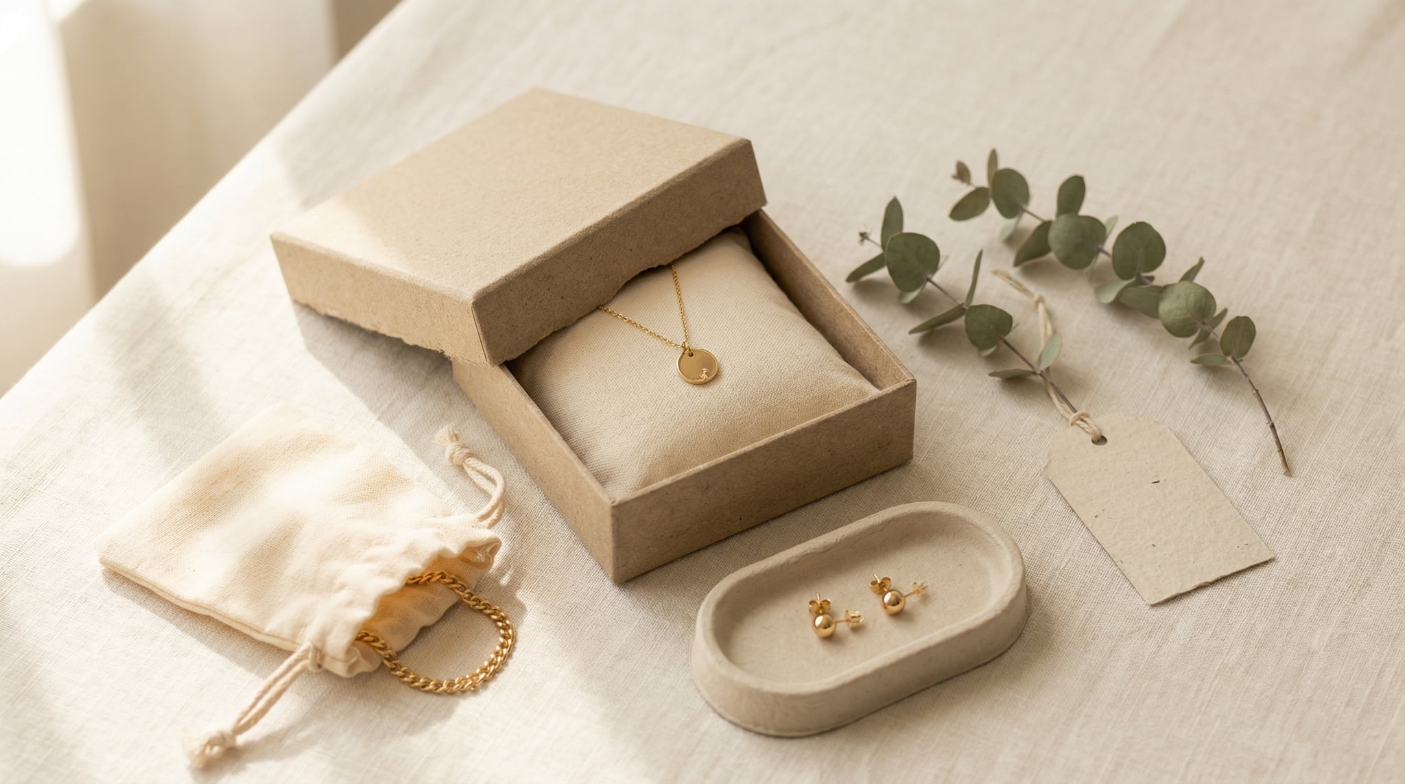 Eco-friendly jewelry boxes in cream and cognac tones on white marble surface, showing recycled greyboard construction and soy-ink branding