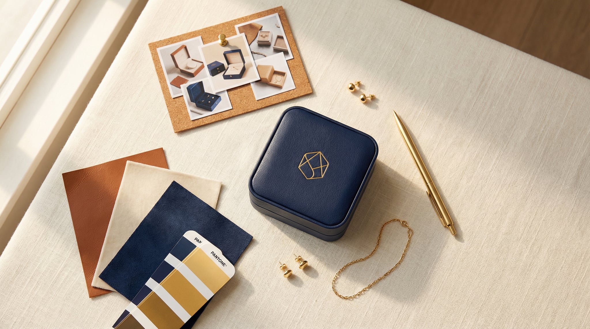 Jewelry packaging brief document with material swatches, Pantone cards, and a custom navy leather ring box on a cream linen surface