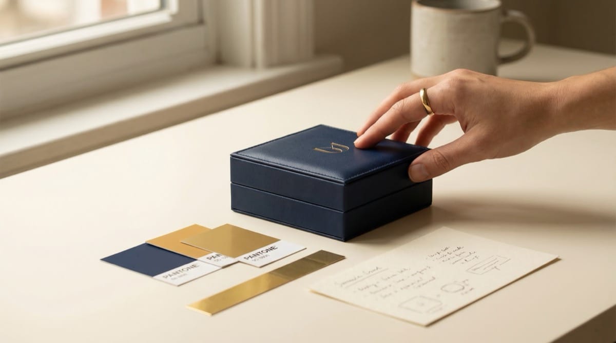 Jewelry packaging sample approval process — sample box with quality checklist and Pantone swatches on desk