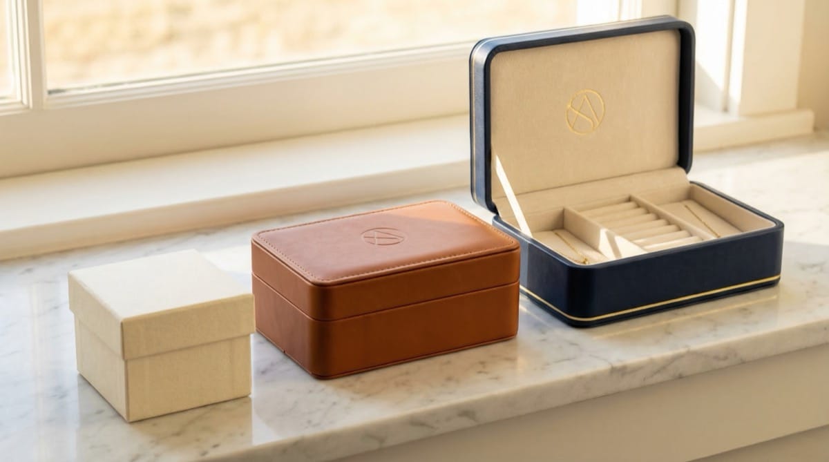 Custom jewelry packaging at different price tiers — from paperboard to rigid setup boxes with gold foil