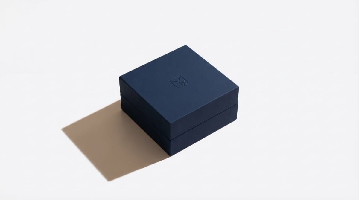 Minimalist jewelry box with tactile suede finish and blind-embossed logo — 2026 packaging trend