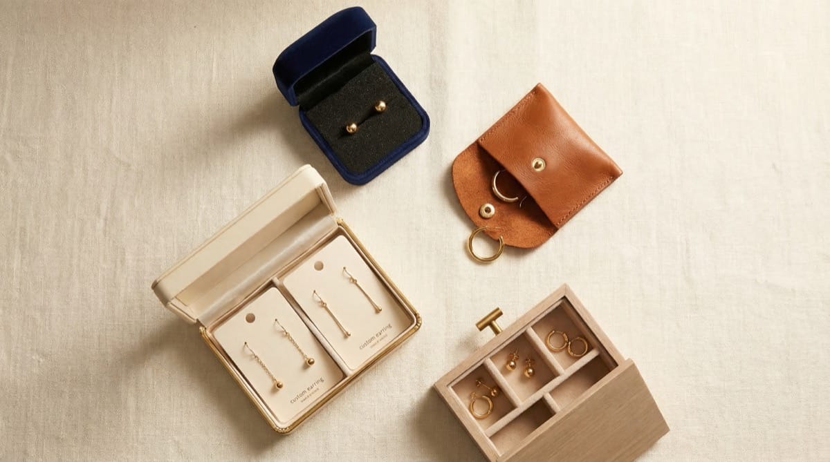 Various earring box types — rigid, folding, and clamshell styles for studs, hoops, and chandelier earrings