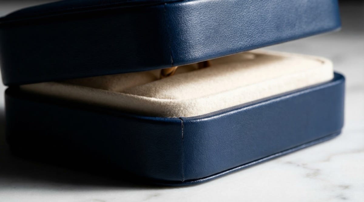 Cross-section view of a magnetic closure jewelry box showing hidden magnets, rigid board, and velvet interior