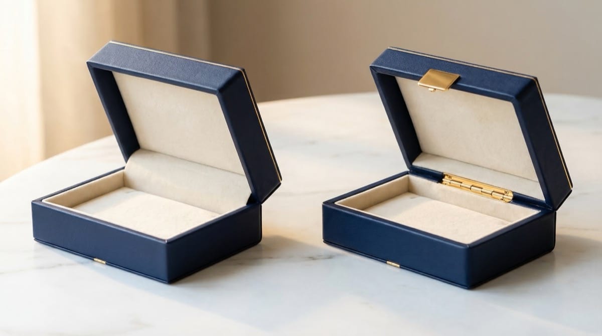 Magnetic closure box next to a hinged jewelry box — comparing closure types side by side