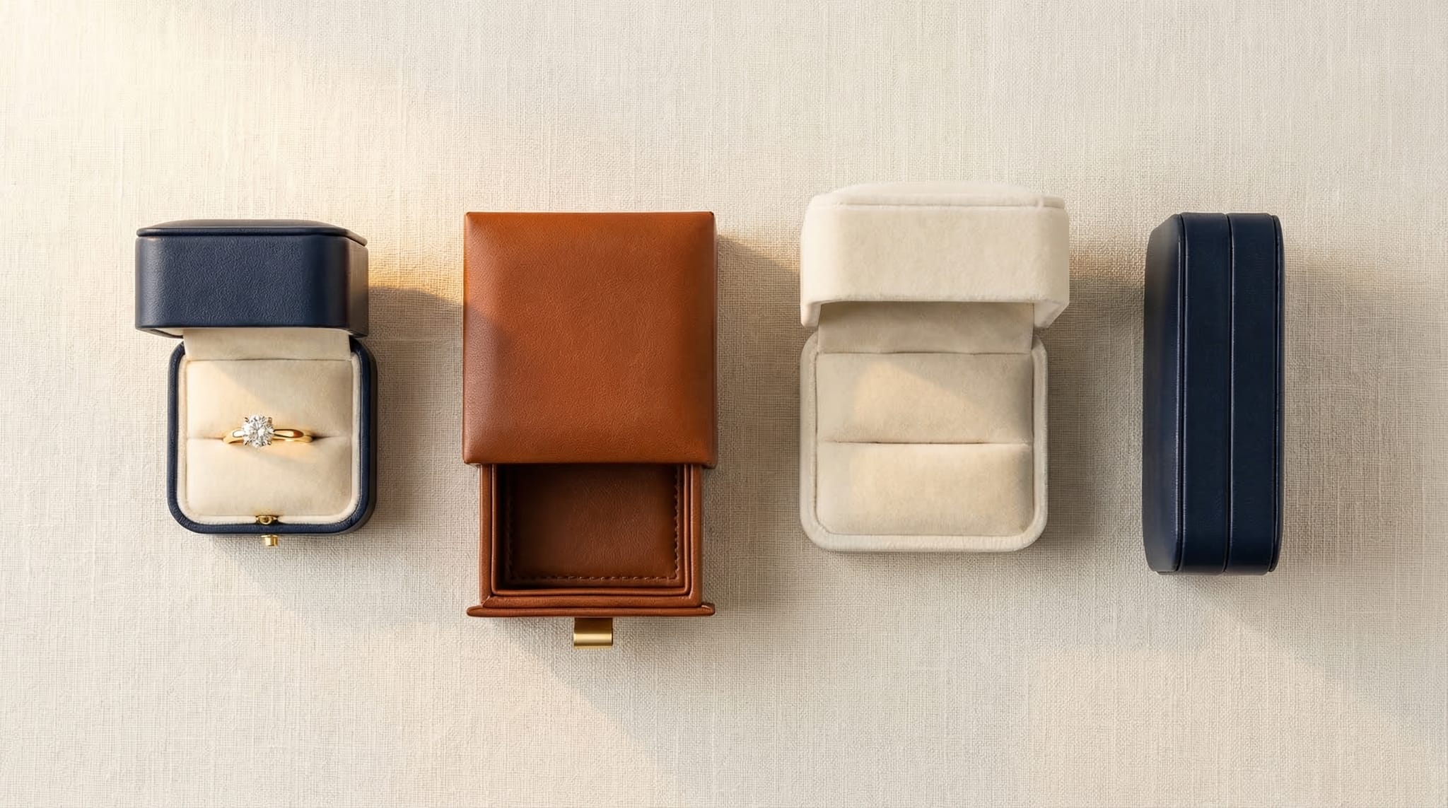 Various engagement ring box styles including flip-top, drawer, and clamshell designs in navy and cognac leather on white marble