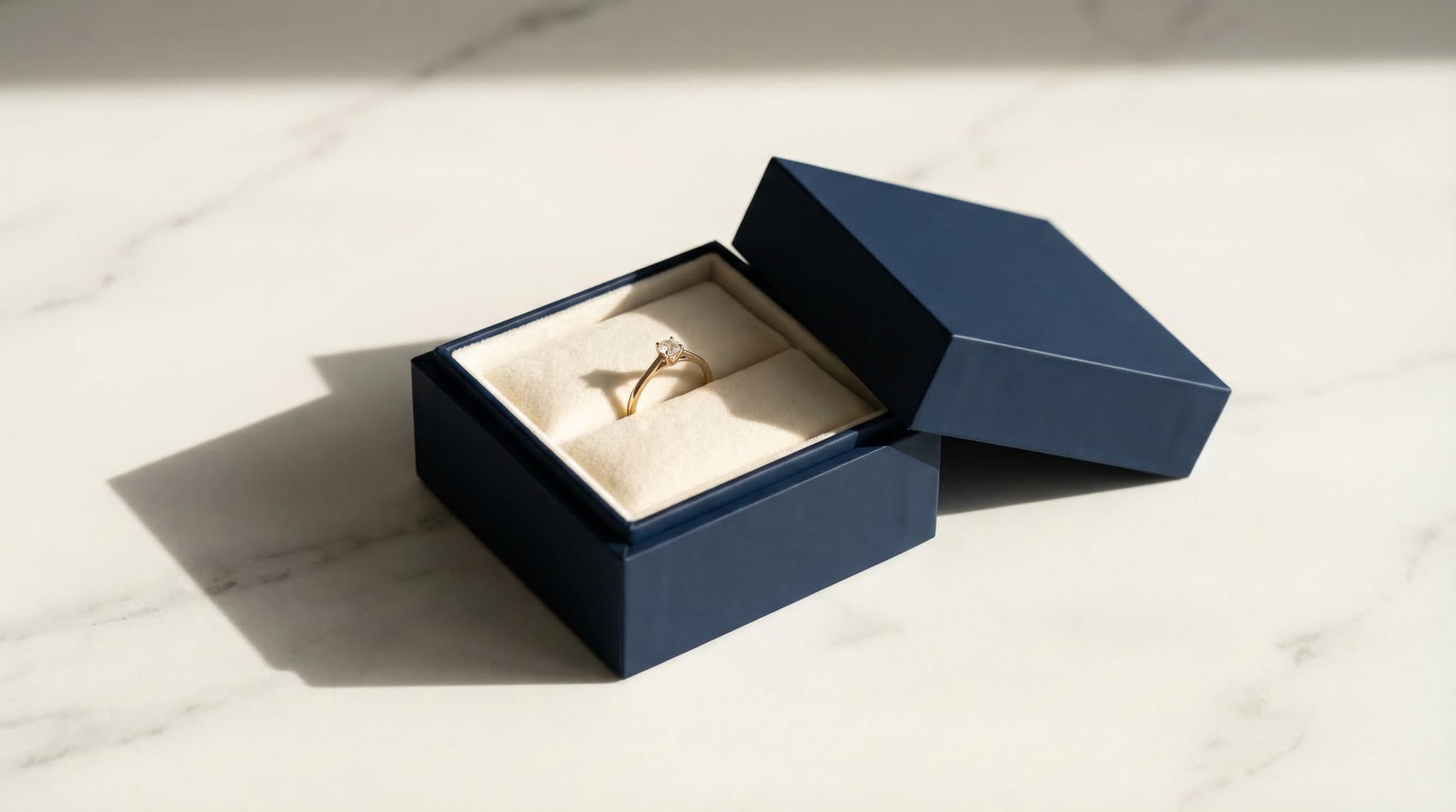 Minimalist jewelry box with clean lines and flush lid on white marble surface, demonstrating structural precision in luxury packaging design