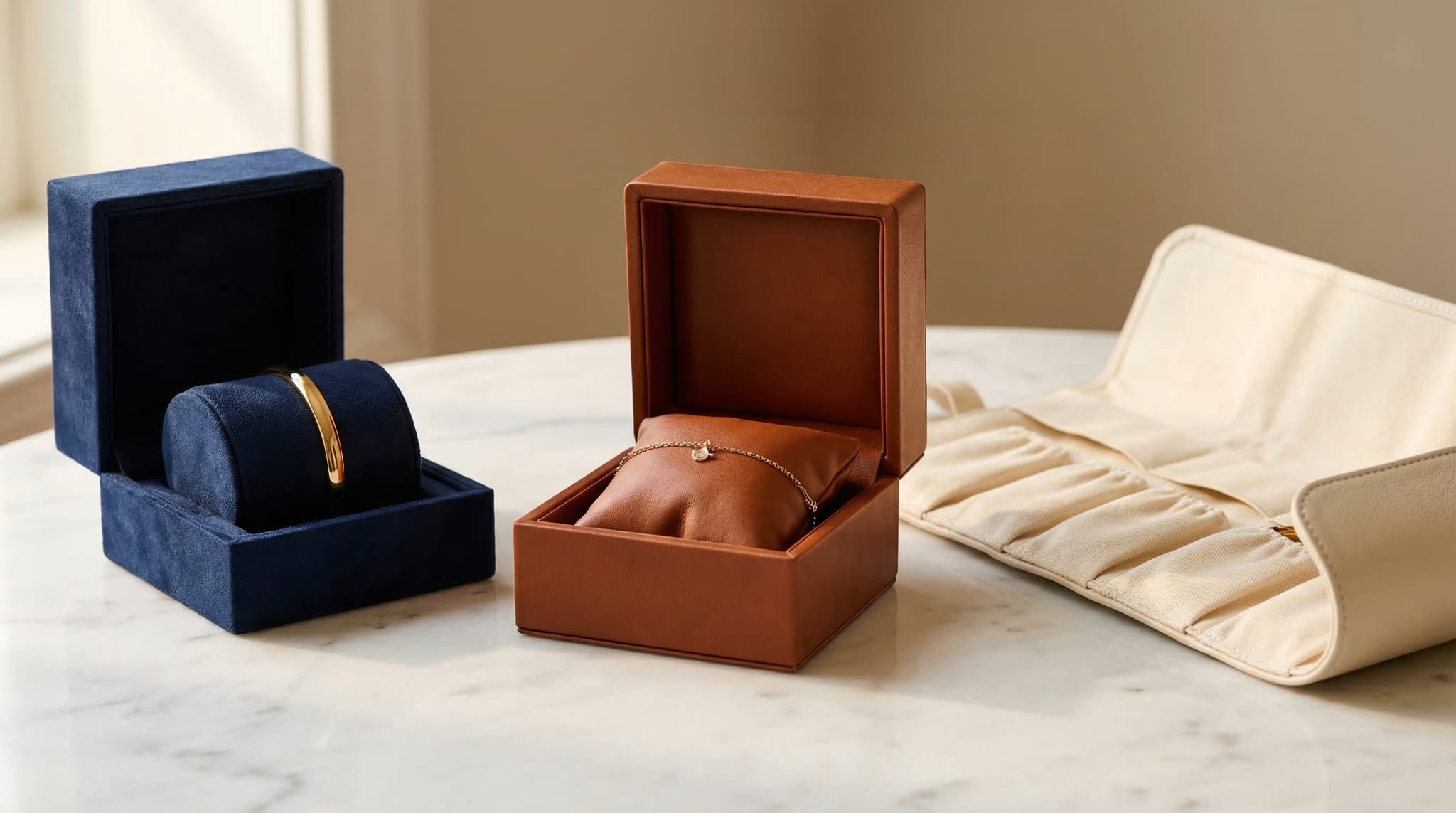 Bracelet packaging options — cuff boxes, bangle pillows, and chain bracelet pouches arranged on white marble