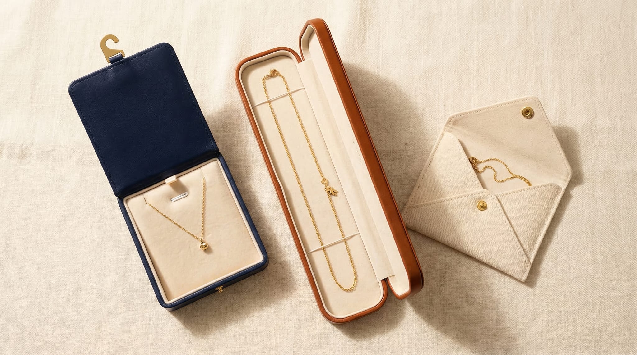 Different necklace box styles — pendant boxes, chain display boxes, and long necklace cases arranged on cream linen