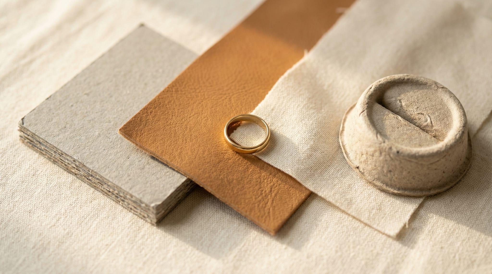 Sustainable jewelry packaging materials — recycled greyboard, plant-based leather swatches, and molded pulp inserts on cream linen surface