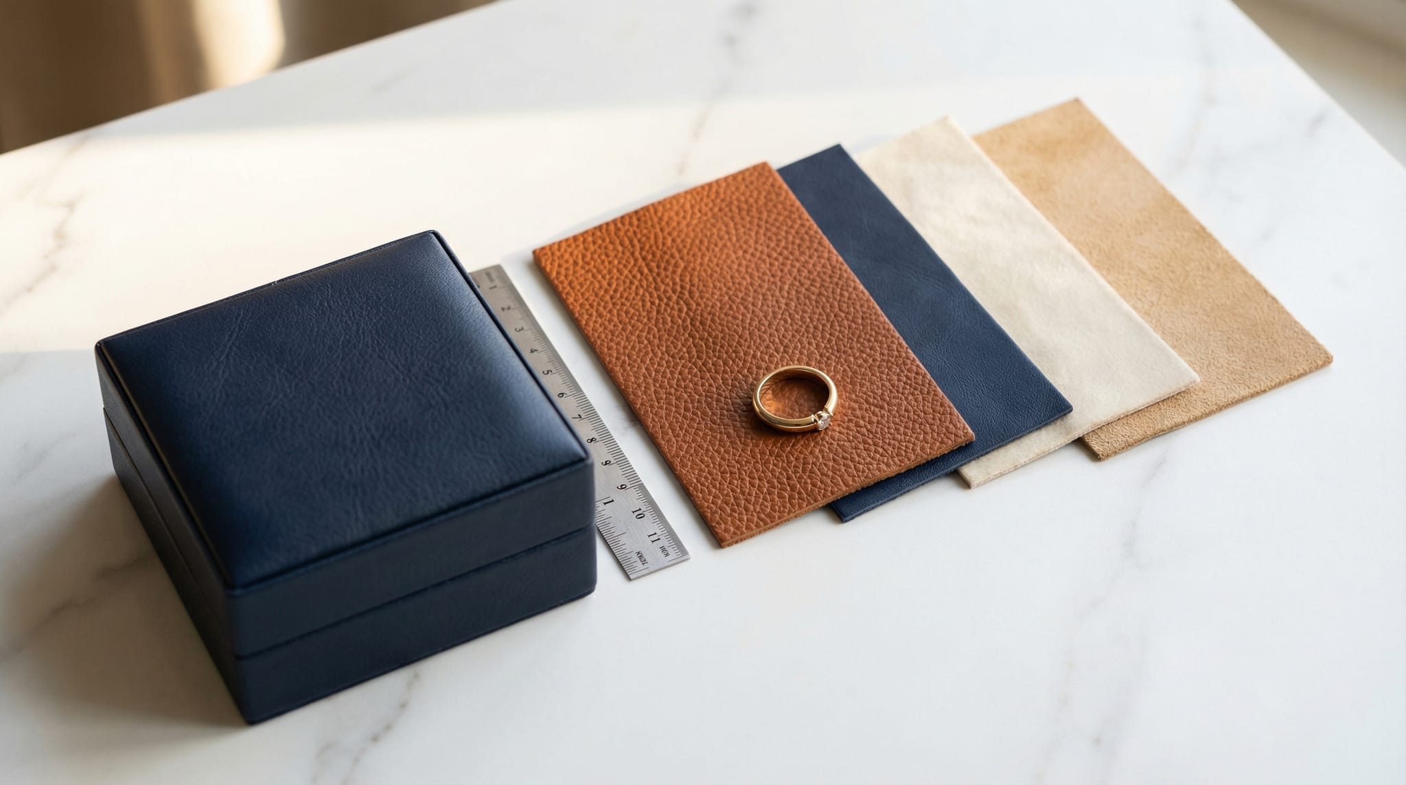 Packaging brief checklist with material swatches, dimension sketches, and brand color references laid out on a white marble surface