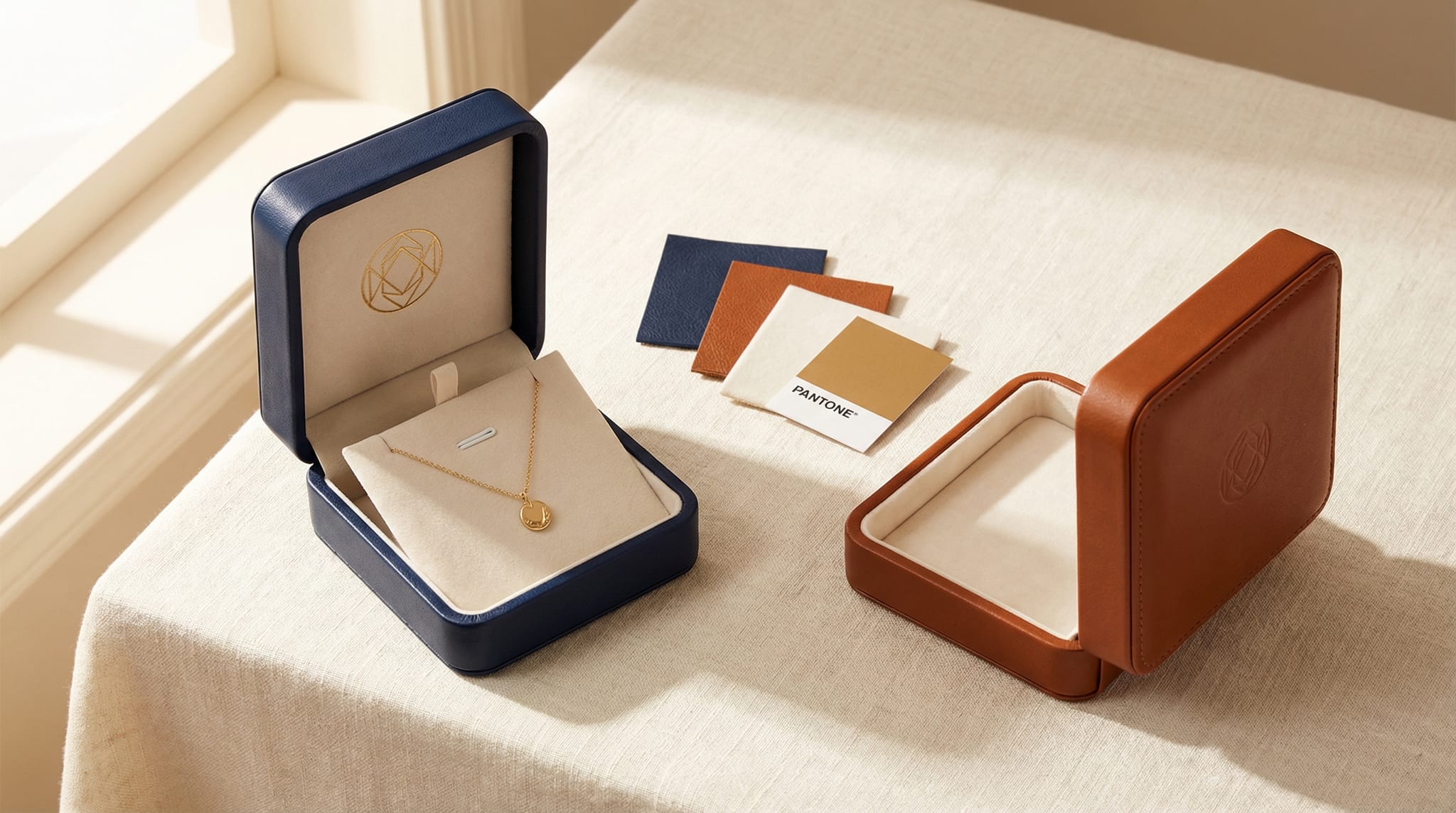 Sample jewelry packaging review session with prototype boxes, material swatches, and reference images on a desk