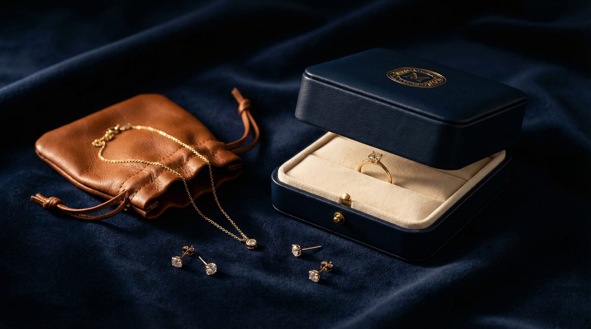 Luxury custom jewelry packaging — navy leather box with gold foil logo, cognac leather pouch, and gold jewelry on dark velvet surface