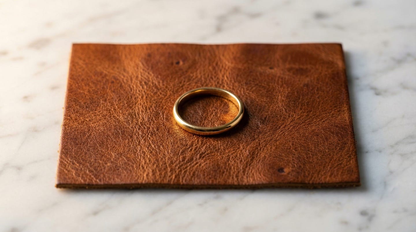 Full-grain genuine leather swatch in rich cognac showing natural grain markings