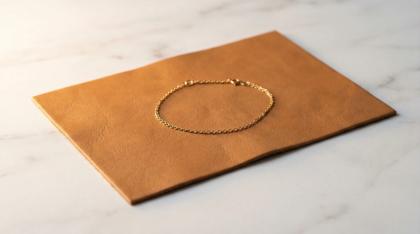 Nappa genuine leather swatch in warm tan showing buttery smooth supple texture with gold bracelet