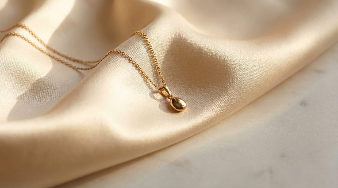 Cream champagne silk satin with lustrous sheen and gentle draping, gold pendant necklace on white marble