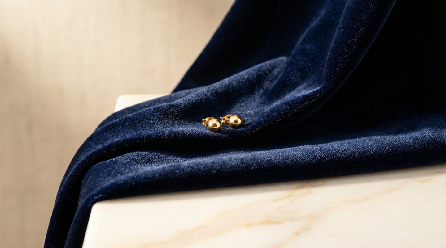 Deep navy velvet fabric draped in soft folds showing rich pile texture with gold stud earrings on marble