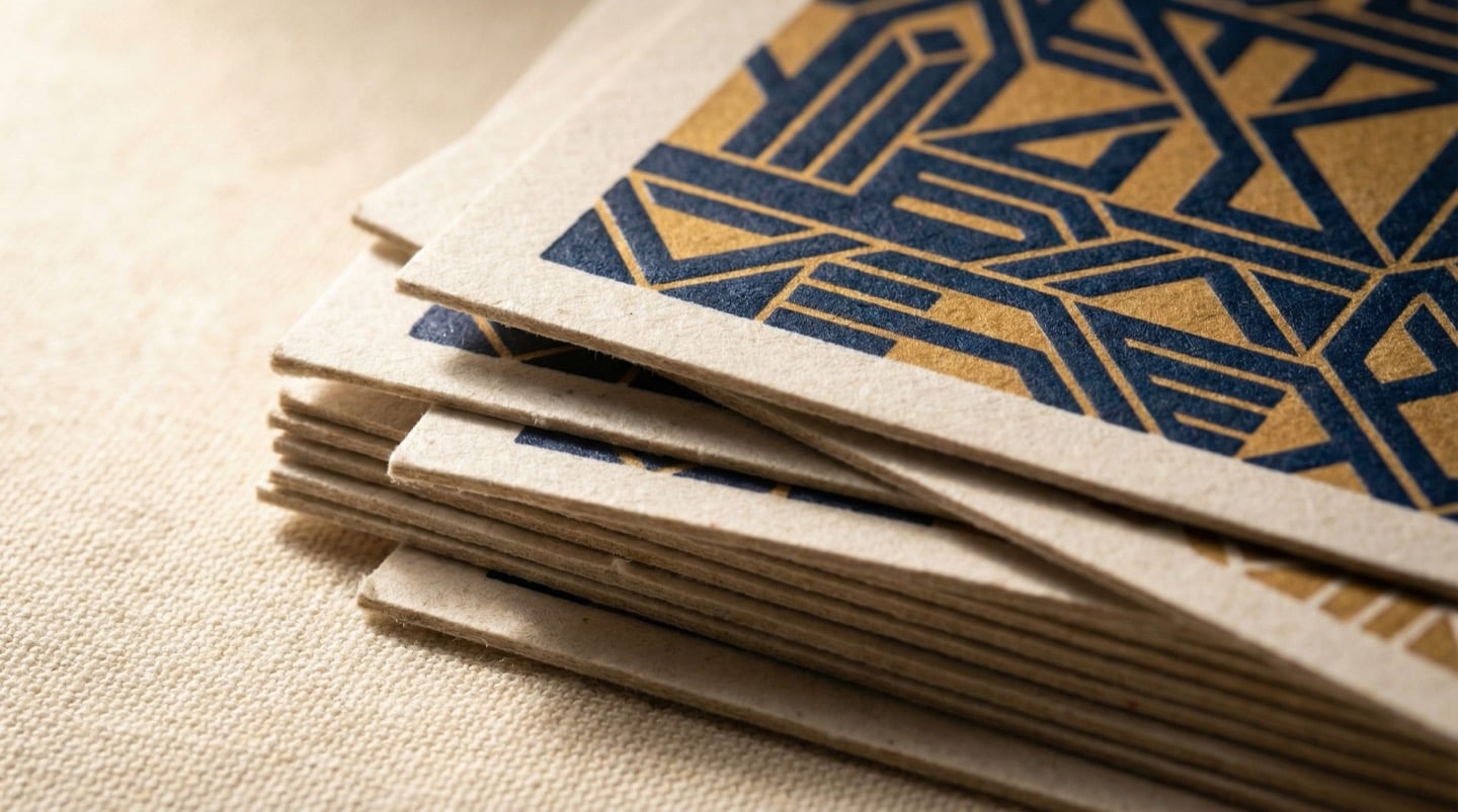 Soy-based ink printing on recycled paper showing navy and gold geometric patterns — eco-friendly packaging printing