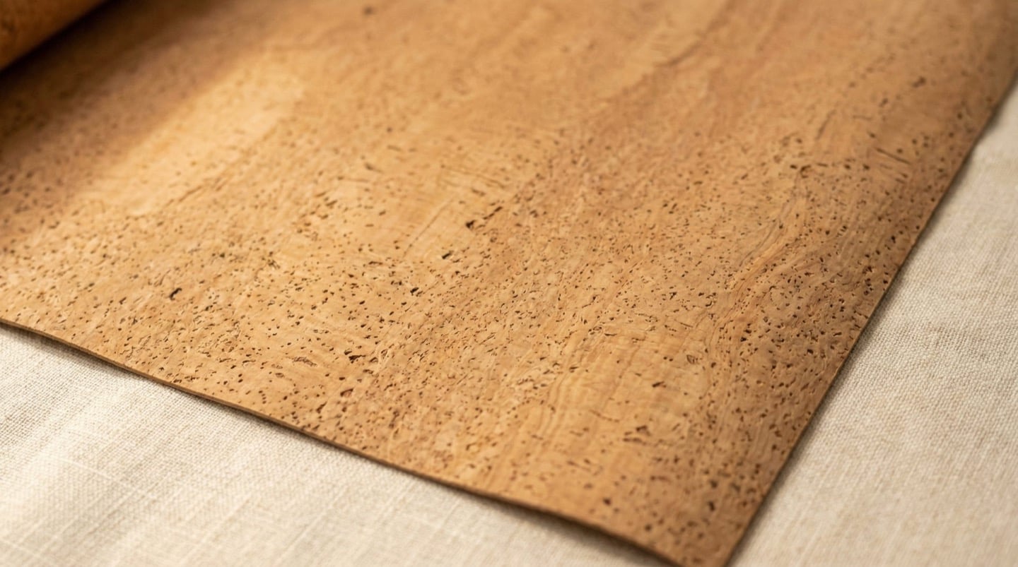 Plant-based vegan leather with cork texture in natural tan — sustainable alternative to genuine leather packaging