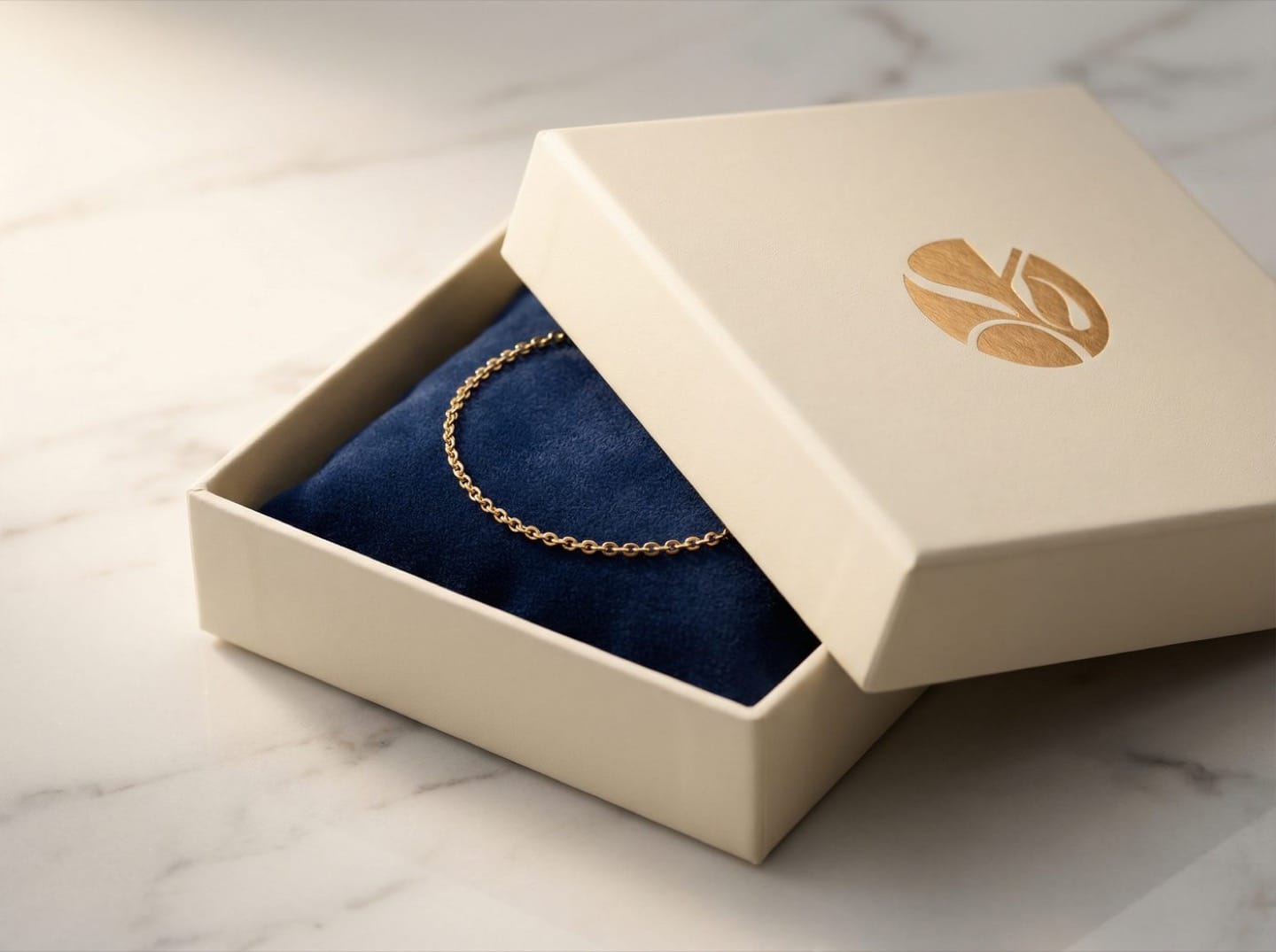 Custom cream leather jewelry box with gold foil logo, open showing navy velvet interior with gold chain bracelet