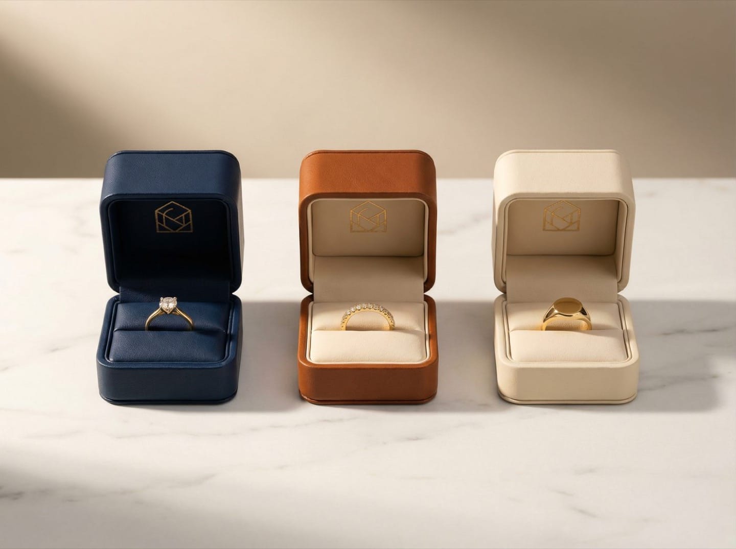 Three custom leather ring boxes in navy, cognac, and cream with matching gold embossed logos, each holding a different gold ring