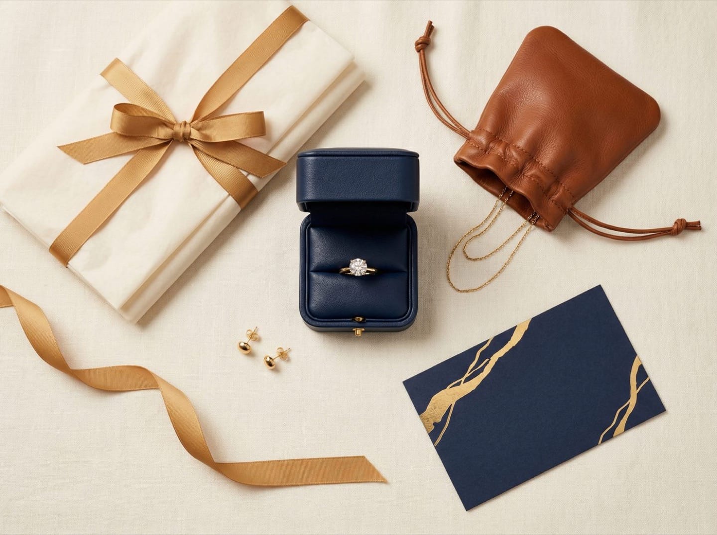 Complete luxury jewelry packaging flat lay — navy leather box, cognac pouch, cream tissue, gold ribbon, and earrings on cream linen