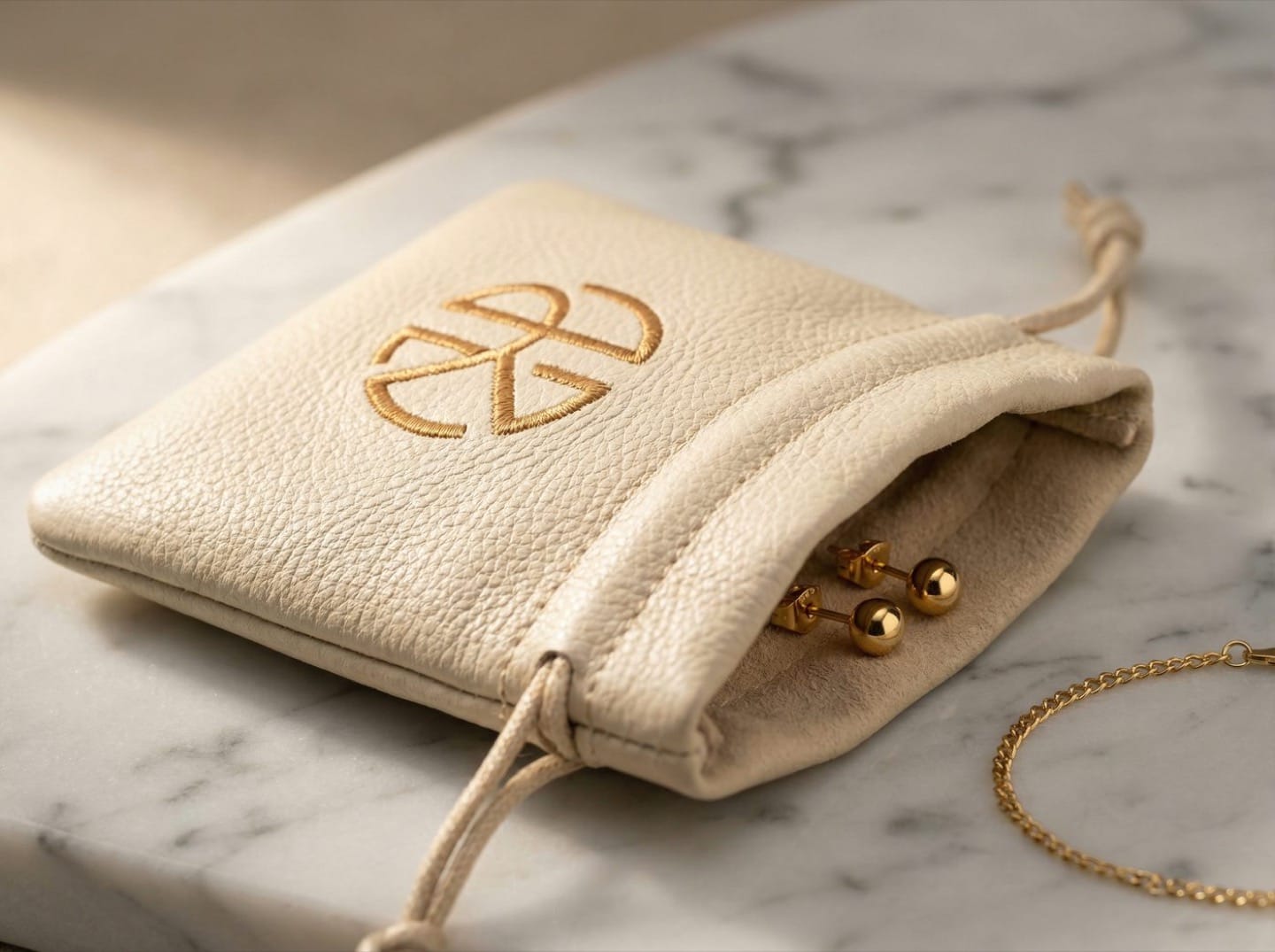 Cream genuine leather jewelry pouch with gold thread embroidered monogram and gold stud earrings at opening on white marble