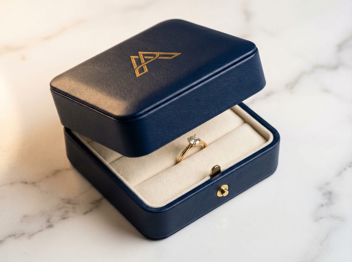Custom navy leather jewelry box with gold foil logo, magnetic closure, cream velvet interior