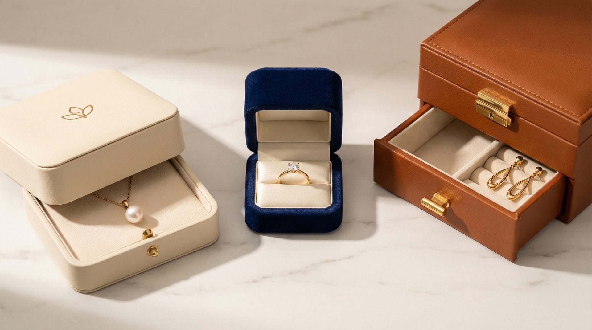 Custom rigid jewelry boxes in cream leather, navy velvet, and cognac leather on white marble