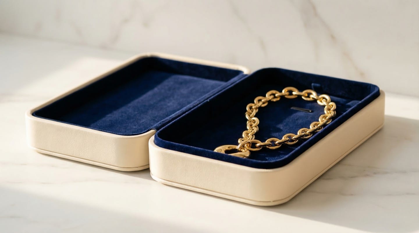 Luxury clamshell jewelry box fully open to 180 degrees showing wide presentation on white marble